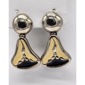 GIVENCHY Vintage Clip-On Earrings EXCELLENT Silver Tone Enamel Dangle SIGNED